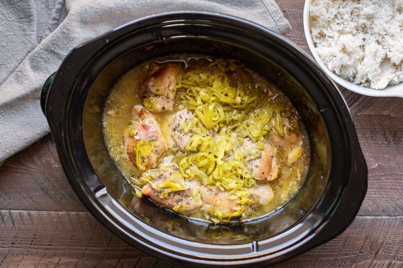 cooked Mississippi chicken in a slow cooker.