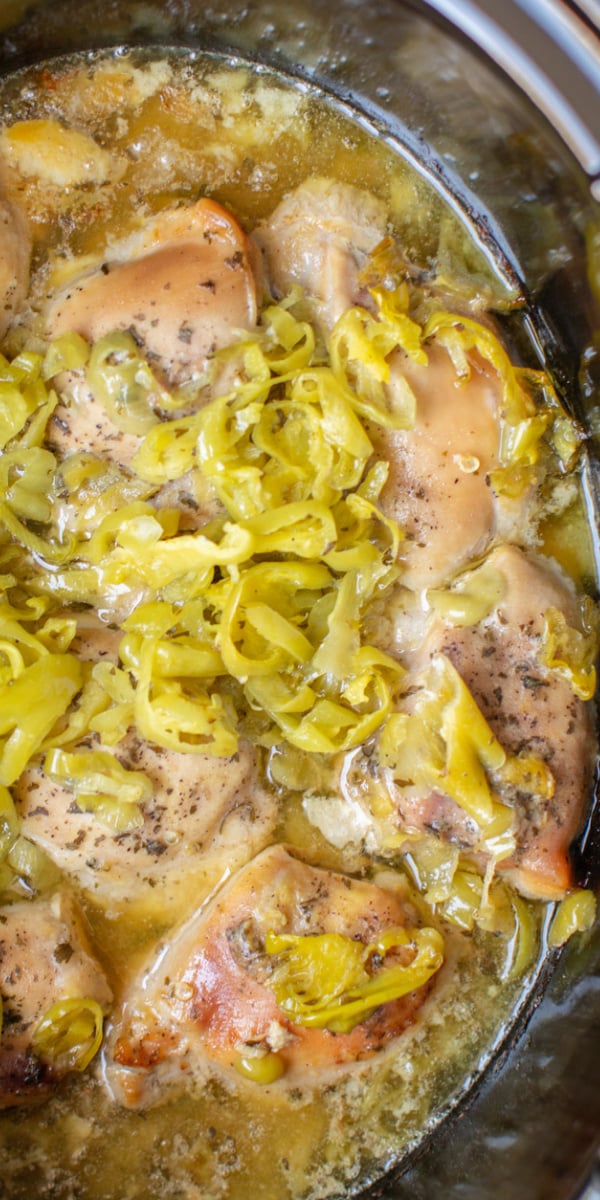long image of mississippi chicken in slow cooker