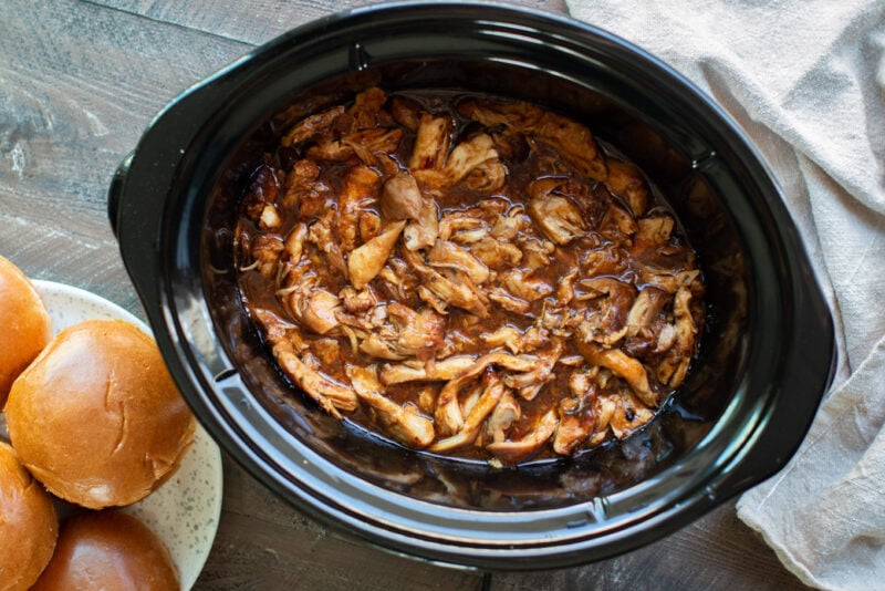 shredded root beer barbecue chicken in slow cooker