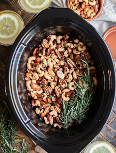 mixed bar nuts in the slow cooker with lemon drop martinis on the side.