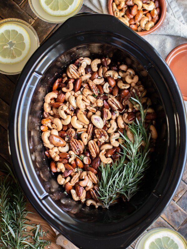 mixed bar nuts in the slow cooker with lemon drop martinis on the side.