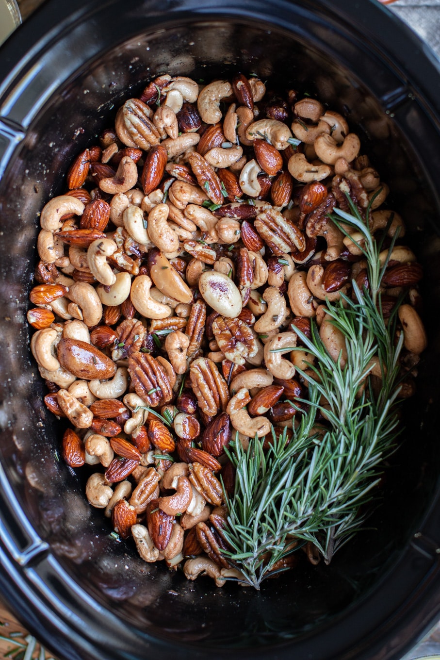 close up of union square style bar nuts in a slow cooker.