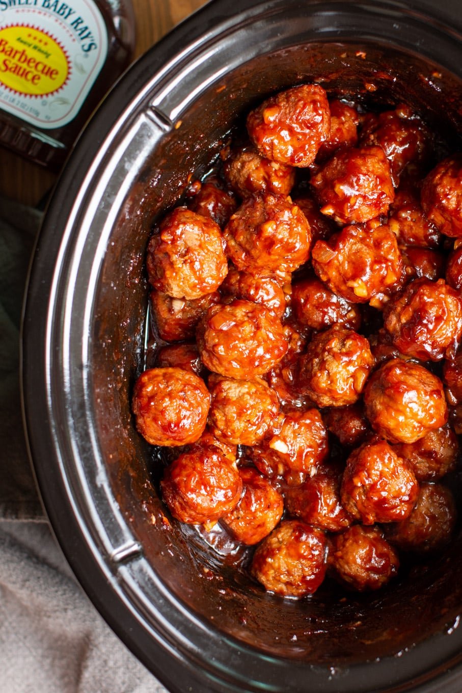 meatballs in barbecue sauce in a slow cooker.