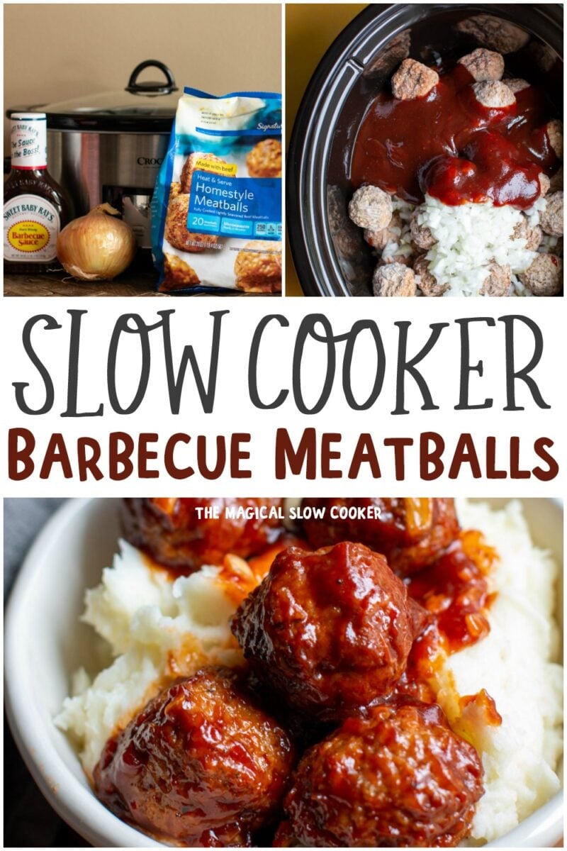 collage of meatball photos with text overlay that says: Slow Cooker Barbecue Meatballs