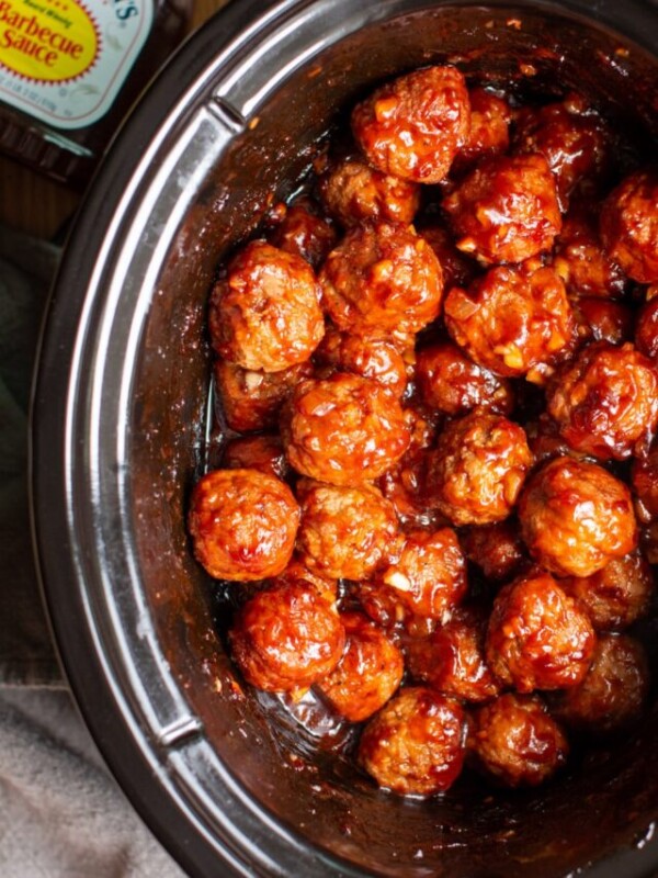 barbecue meatballs done cooking in the slow cooker.