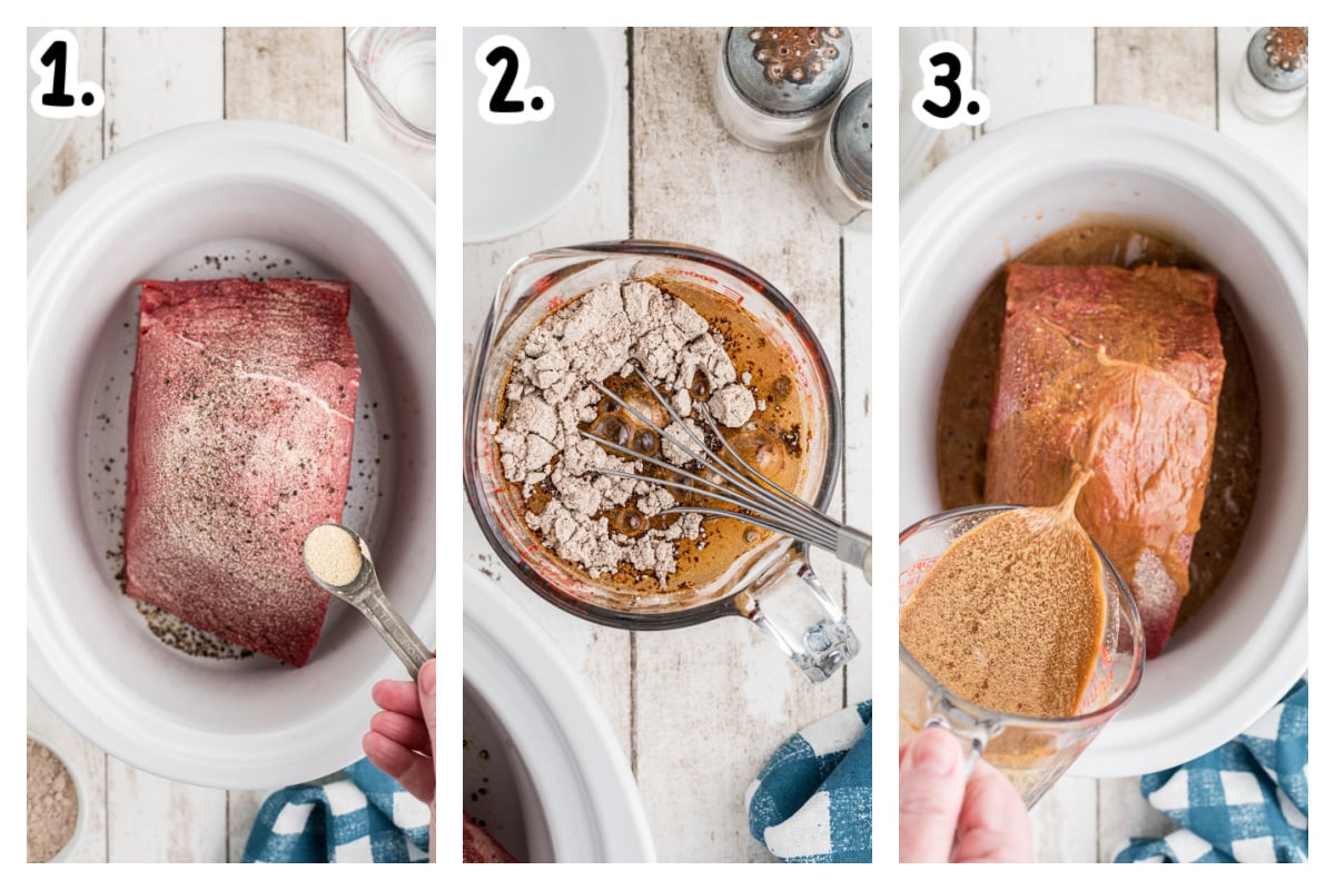 Three images showing how to add beef, seasonings and gravy mix to a slow cooker.