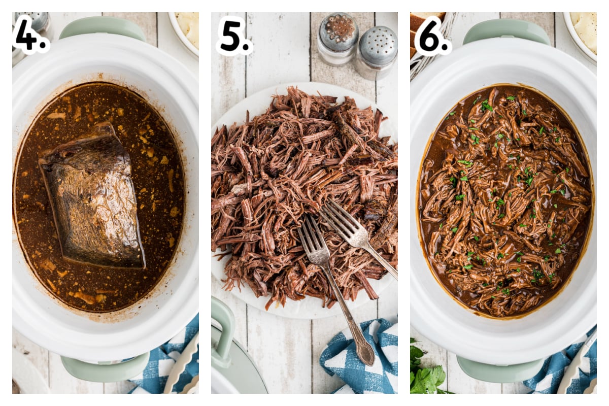 3 images showing how to shred hot roast beef sandwich meat.