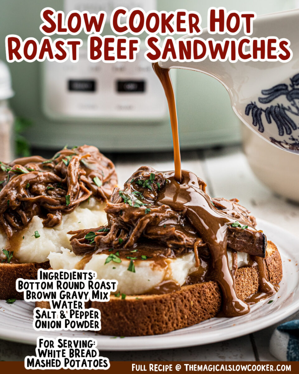 Images of hot roast beef sandwiches with text of what the ingredients are.