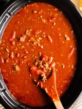 close up of chili made with V8 of vegetable juice
