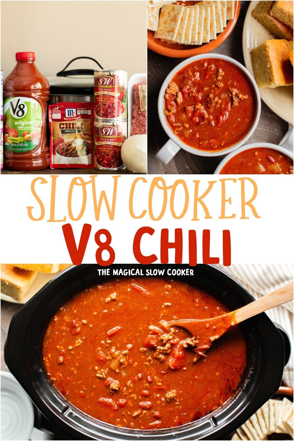 collage of chili photos with text overlay that says: Slow COoker V8 Chili