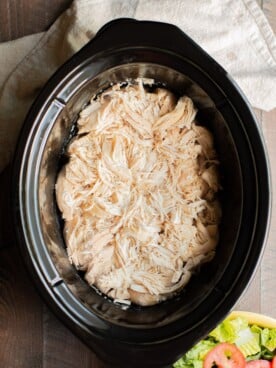 shredded chicken in the slow cooker with a green salad on the side.