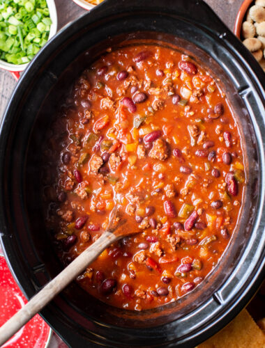 Cooked venison chili in a slow cooker.