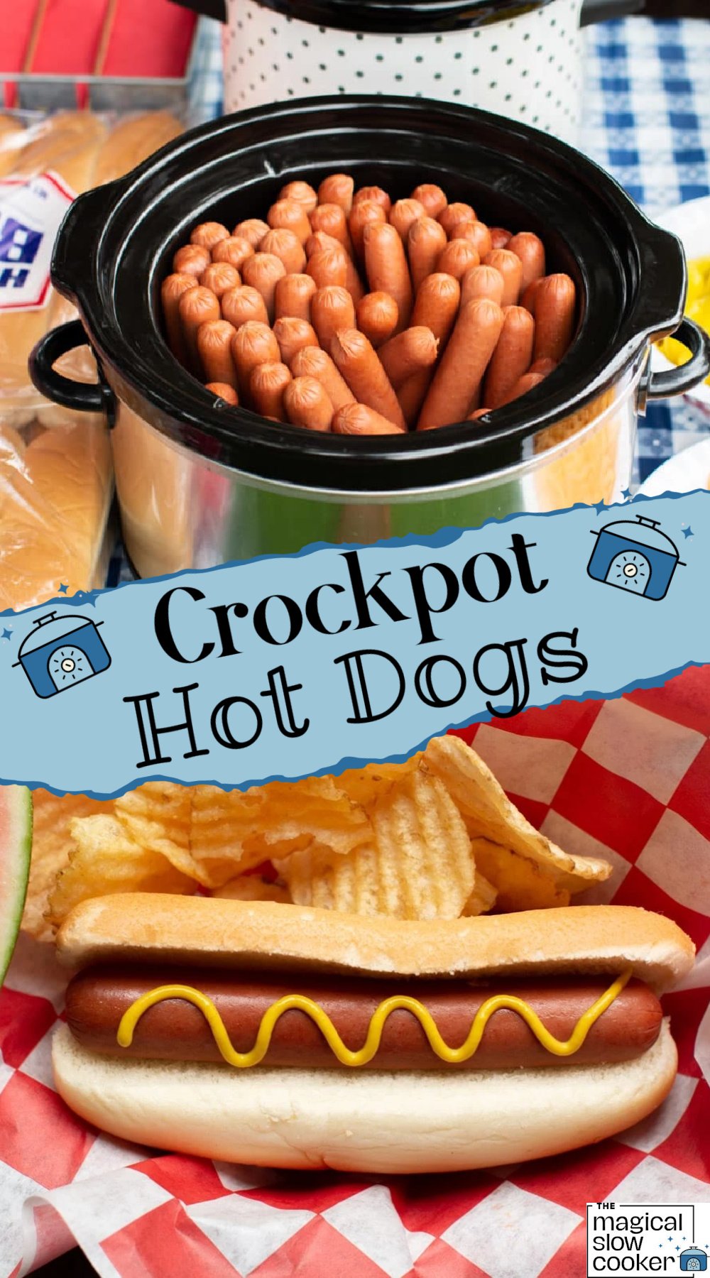 2 images of crockpot hot dogs.
