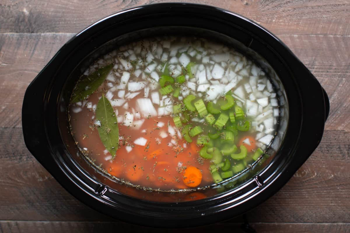 chicken noodle soup in the slow cooker not yet cooked.