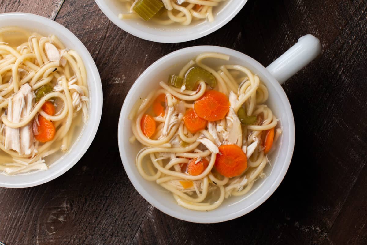 3 bowls of chicken noodle soup.