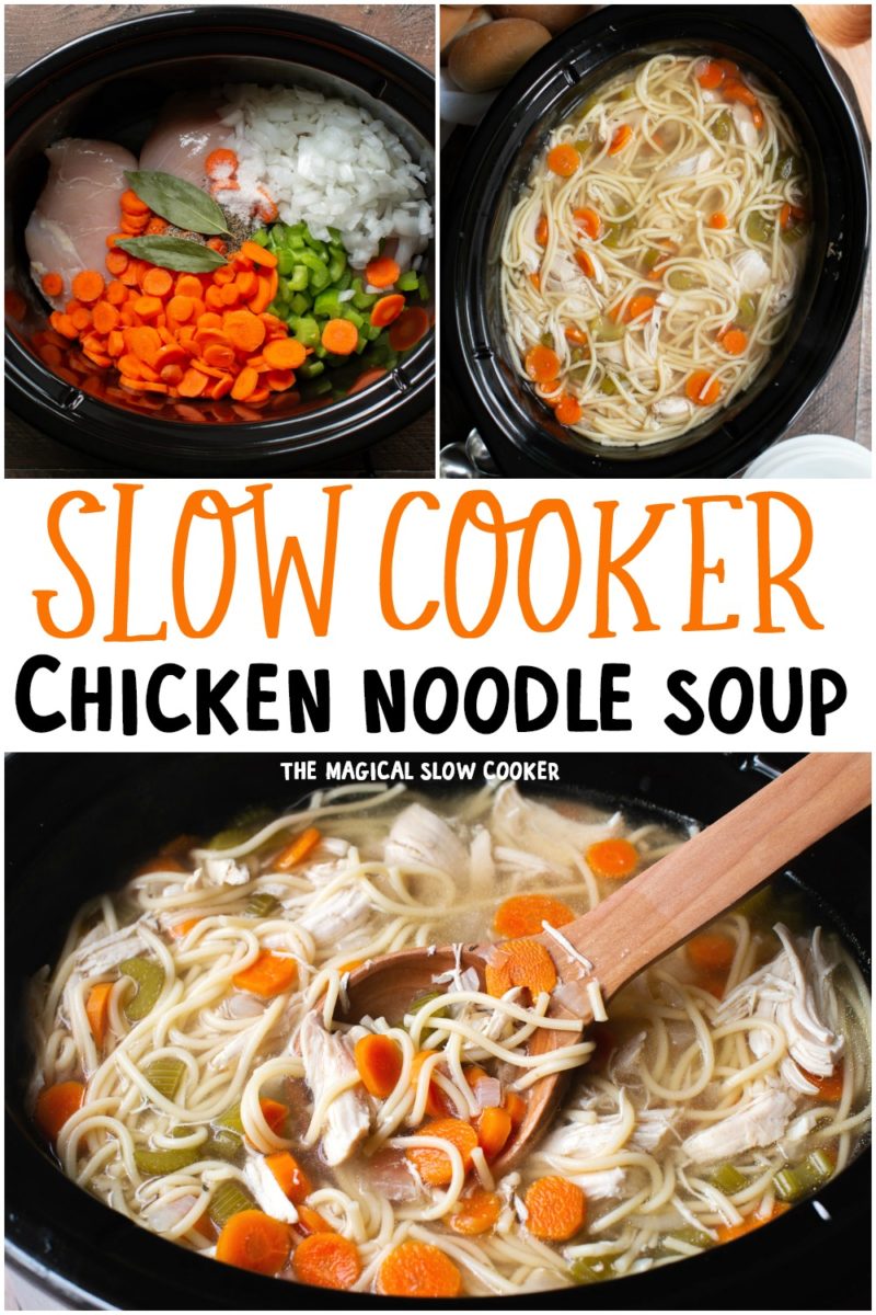 collage of images of chicken noodle soup for pinterest