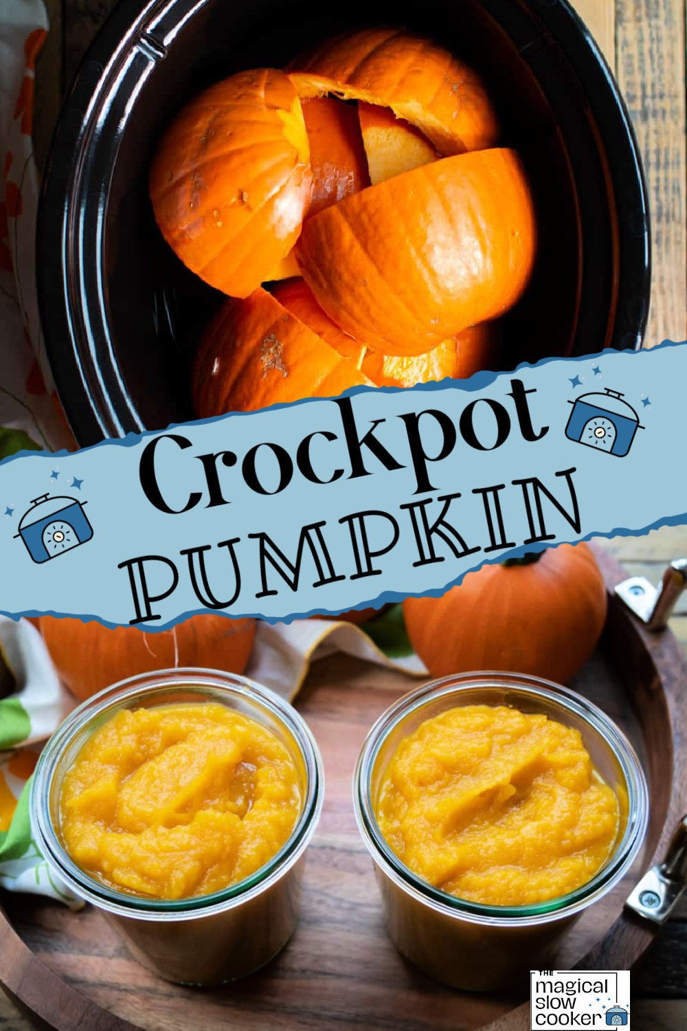 before and after cooking pumpkin in a crockpot.