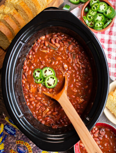 cooked barbecue beans in the slow cooker with jalapenos. cornbread on the side.