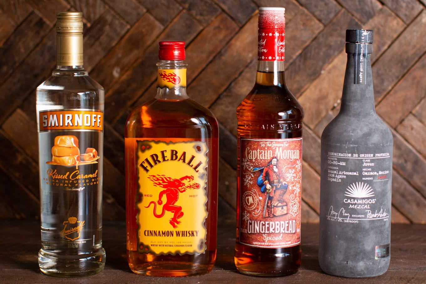 Vodka, whiskey, gingerbread rum and mezcal bottles