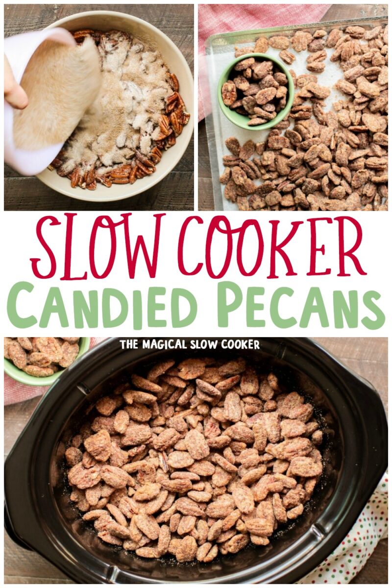 collage of candied pecan photos for pinterest with text overlay