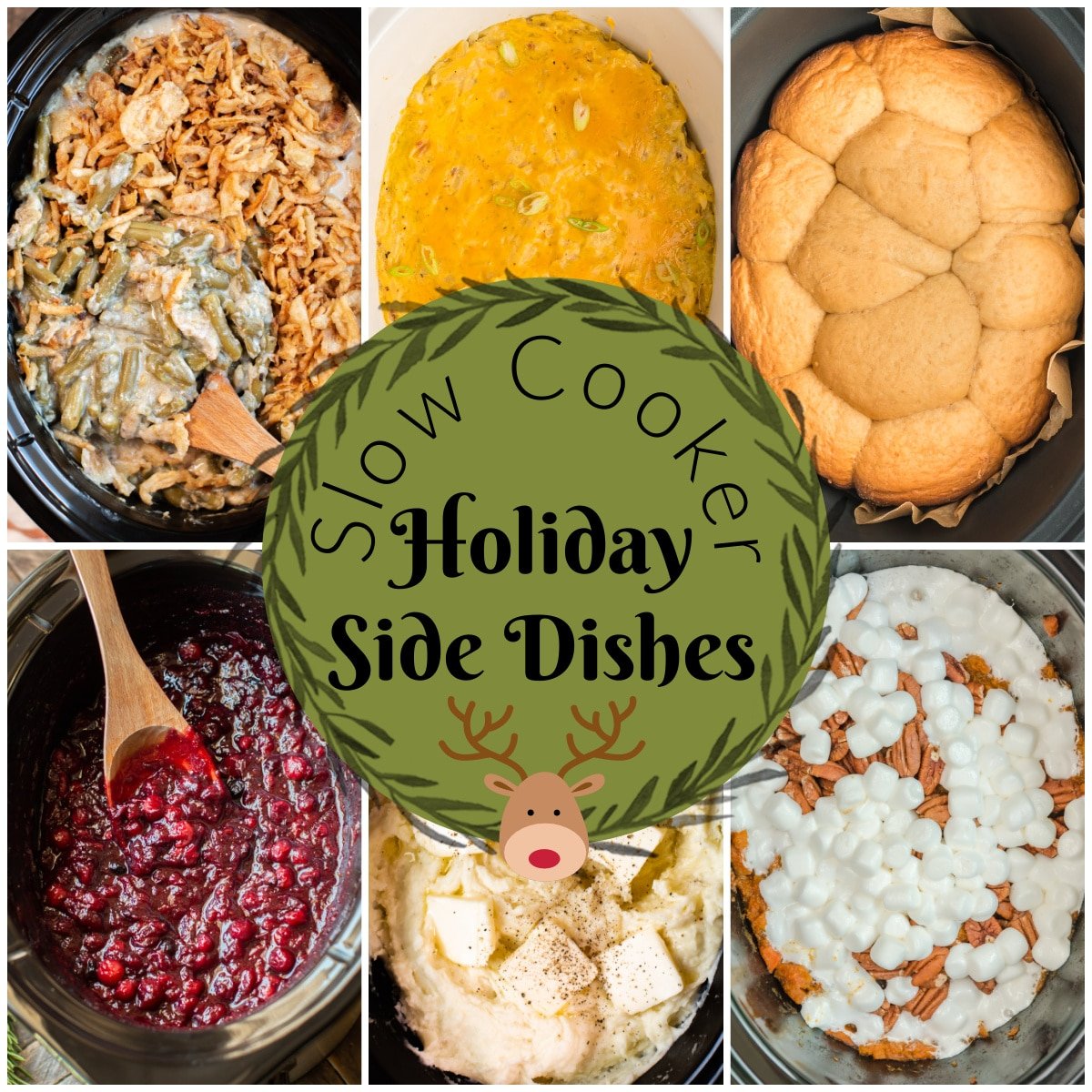 collage of holiday sides in a christmas theme.