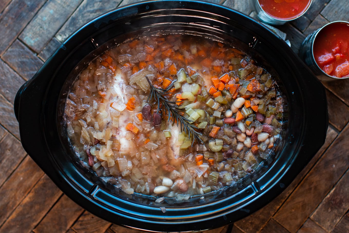 cooked soup in the slow cooker, not yet stirred.