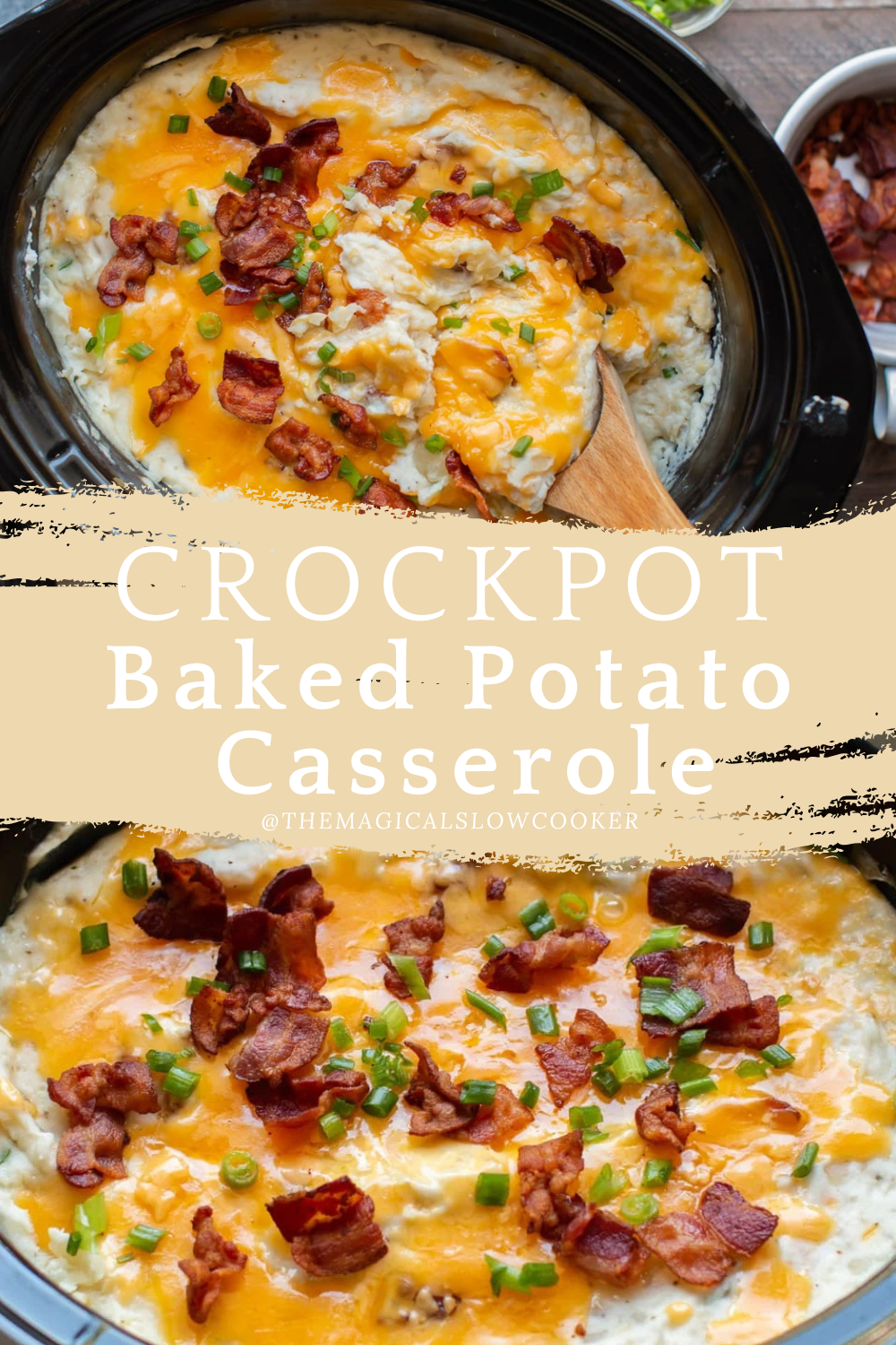 baked potato casserole in a slow cooker and on a spoon.