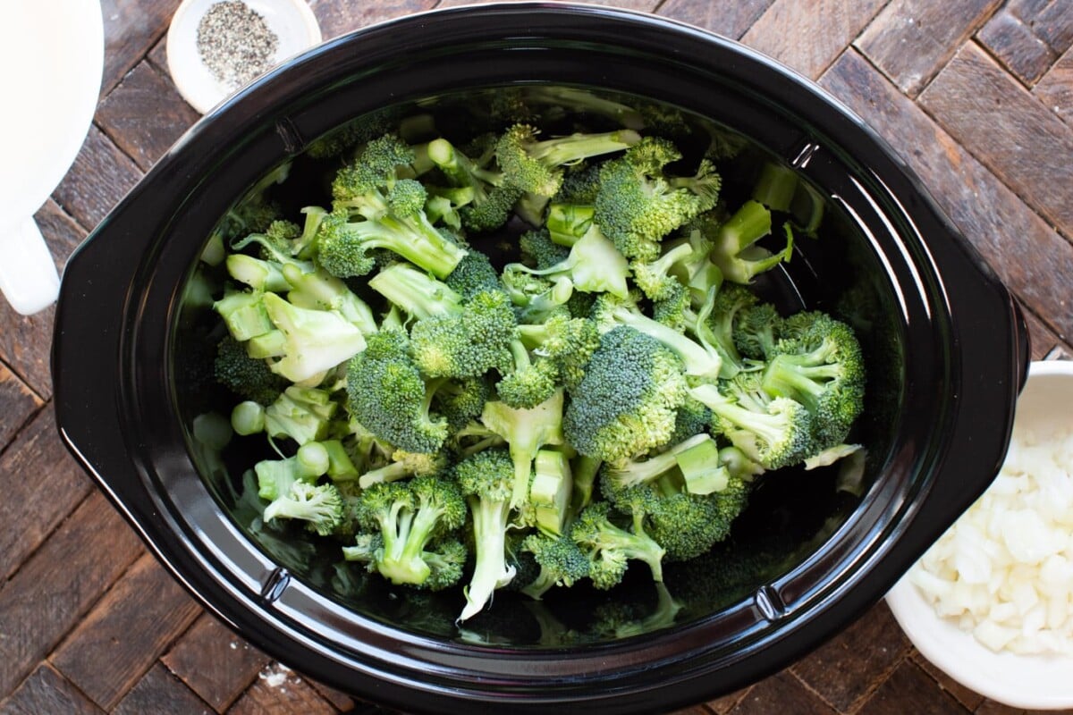 Broccoli cut up in slow cooker