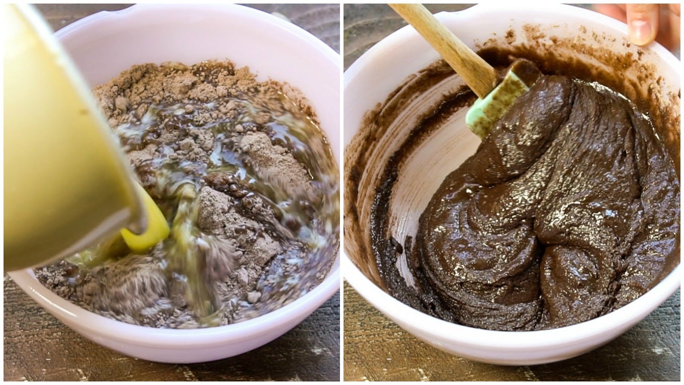 chocolate cake mix with butter pouring in, and a photo next to it with it completly mixed