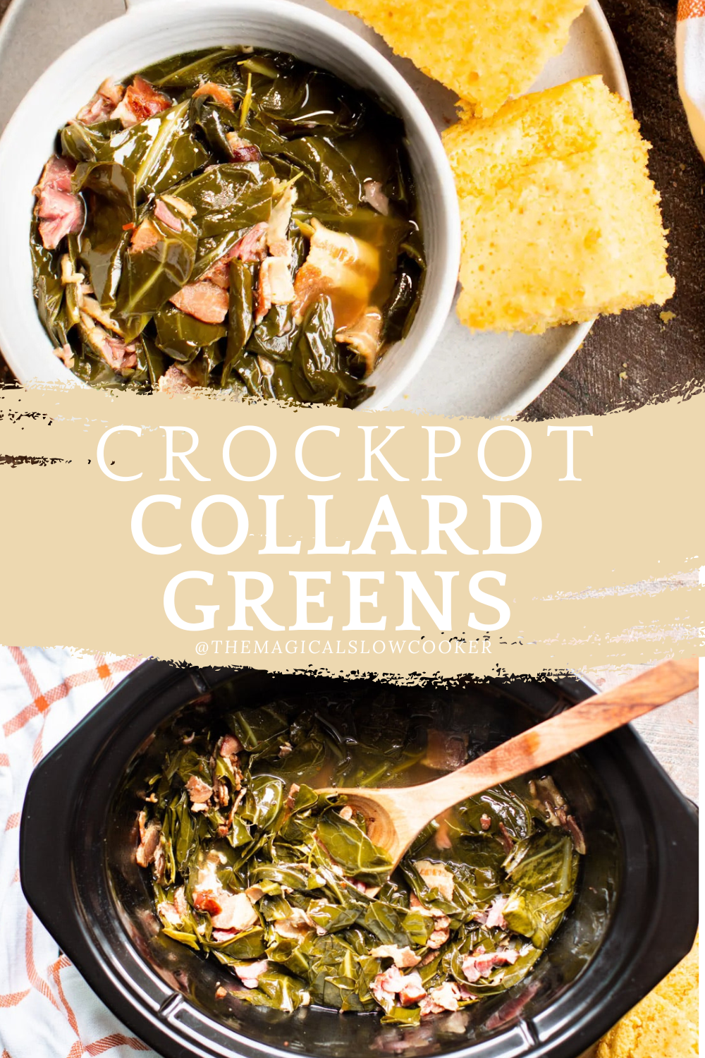 collard greens in a bowl and in slow cooker.