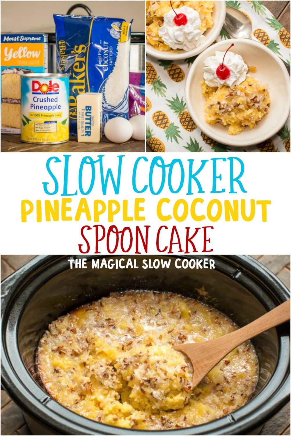 collage of pineapple coconut spoon cake for pinterest