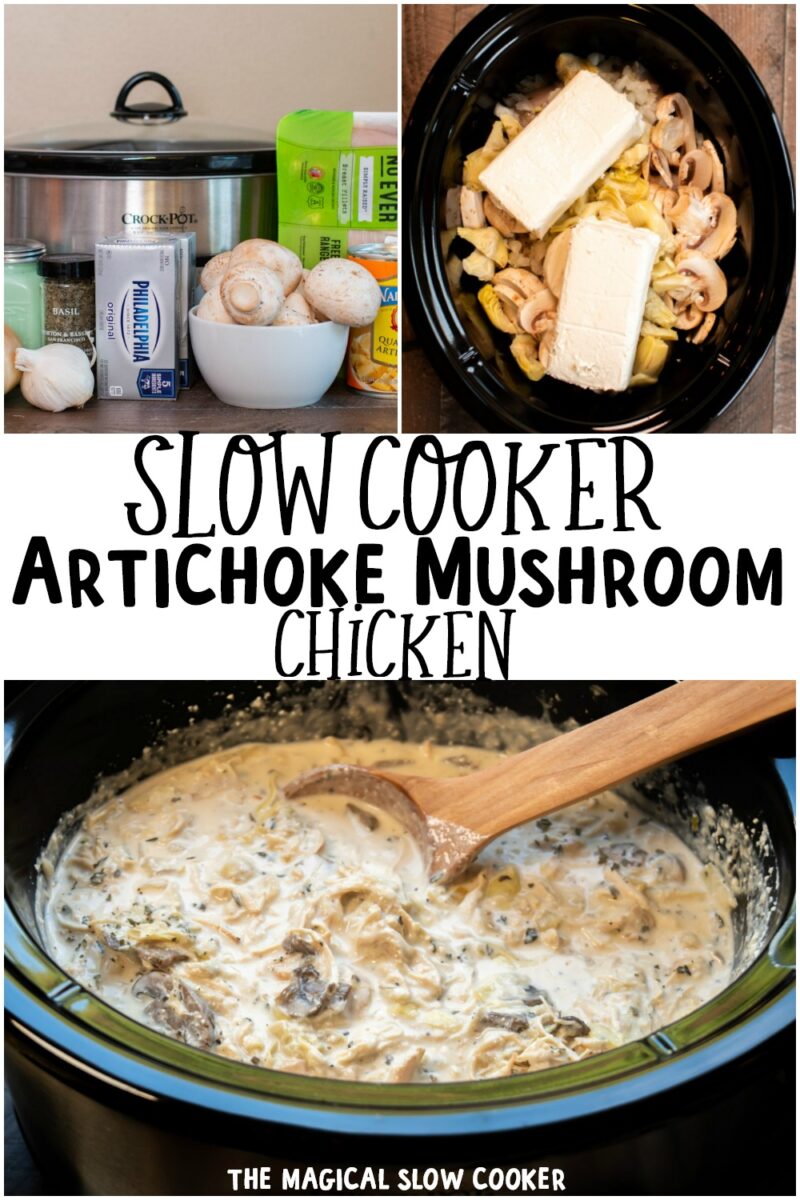 collage of artichoke mushroom chicken photos for pinterest