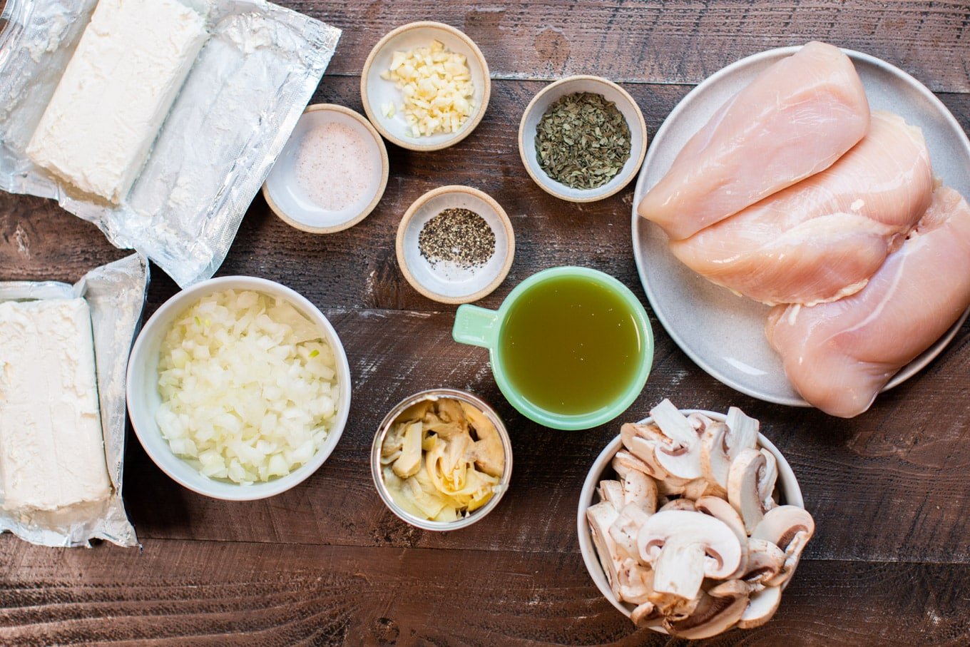 ingredients layed out for artichoke mushroom chicken