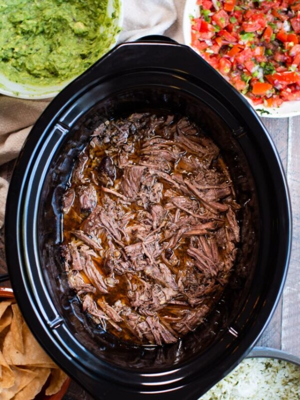 shredded barbacoa beef in slow cooker.