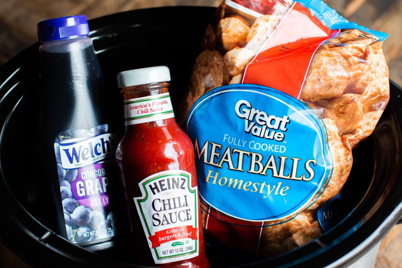 ingredients for grape jelly meatballs; grape jelly chili sauce, frozen meatballs
