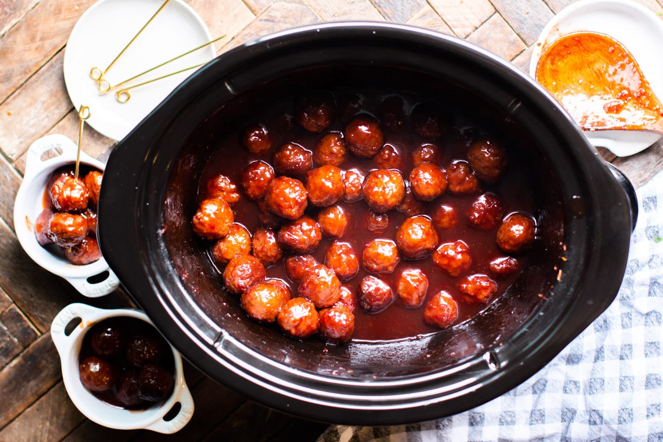 finished meatballs in grape jelly and chili sauce