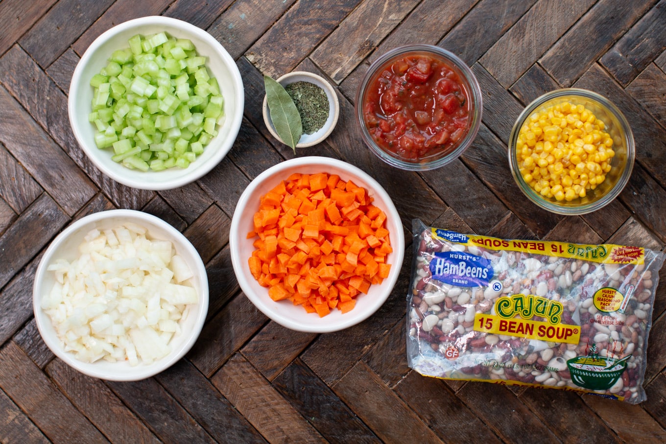 ingredients for cajun vegetarian 15 bean soup on counter