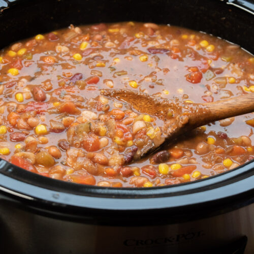 spoon in bean soup in slow cooker