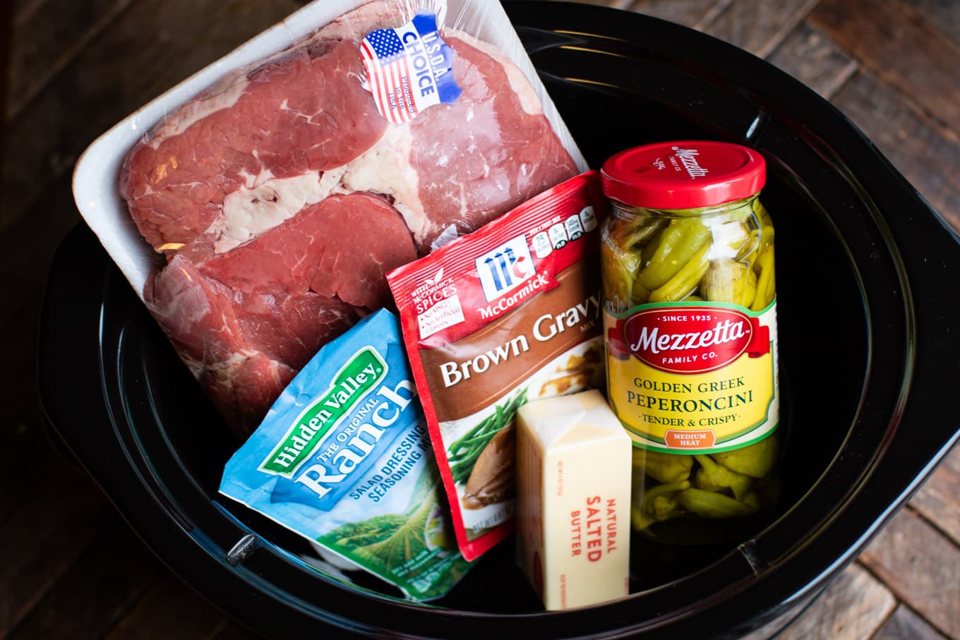 all ingredients still in packaging for Mississippi pot roast