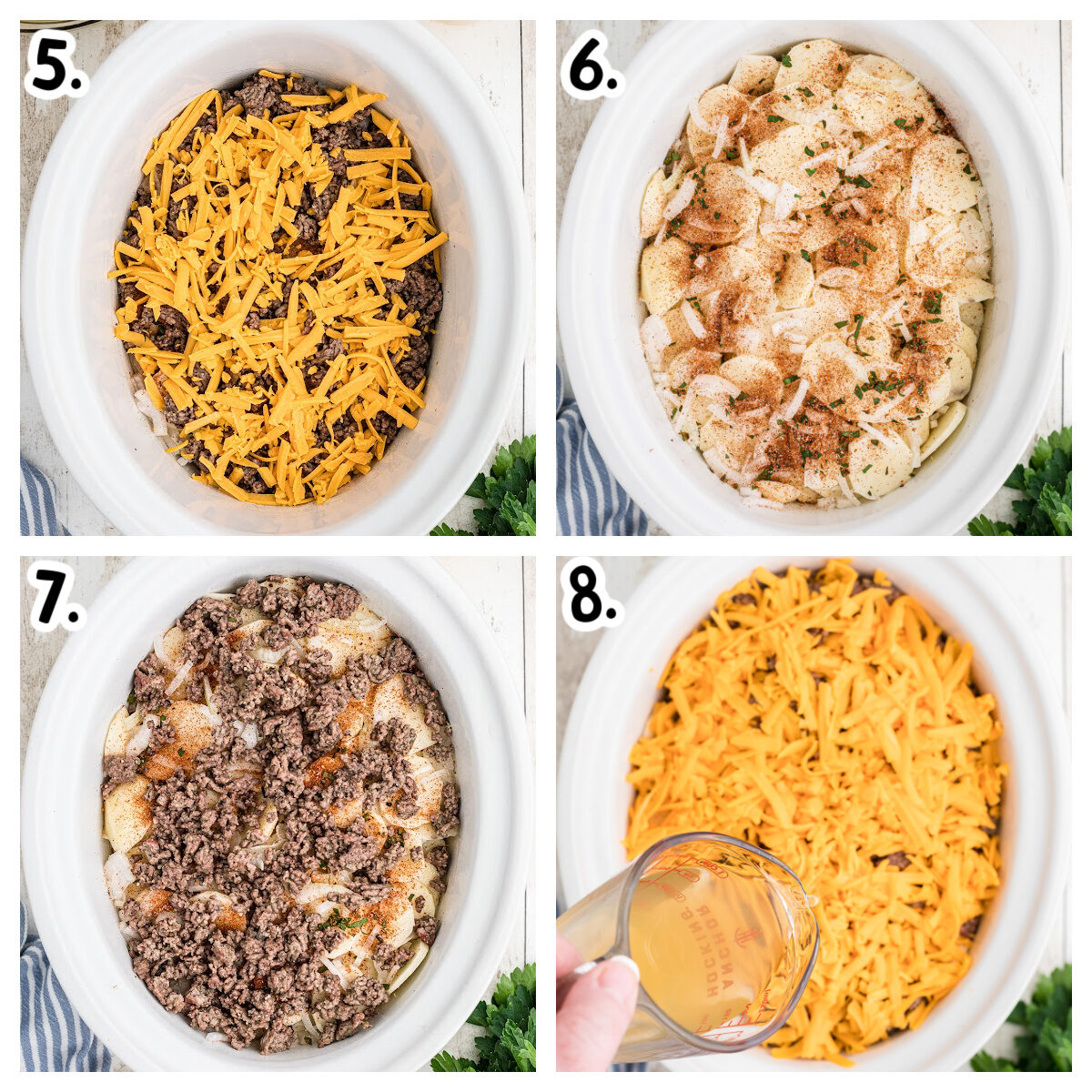 4 images showing how to assemble beef potato gratin.