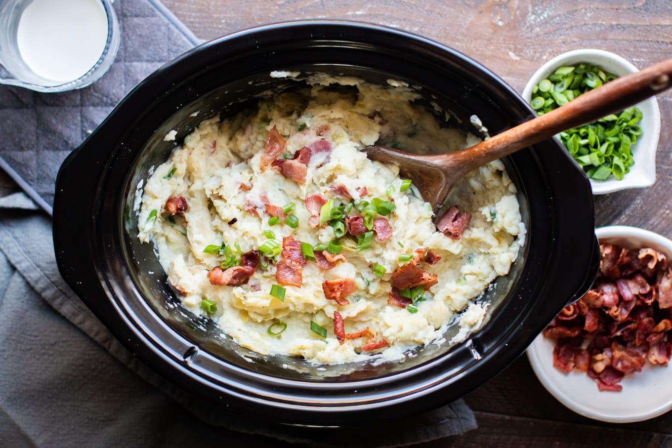 Finished colcannon potatoes with bacon and green onion on top