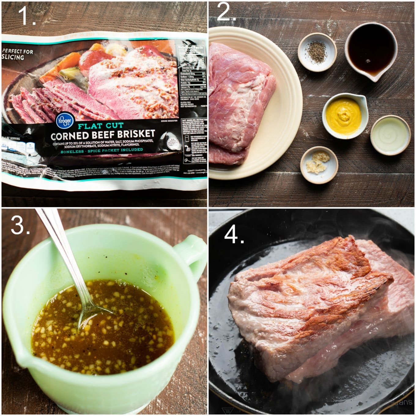 Collage of photos; corned beef in package, maple mustard mixture, browning corned beef in skillet