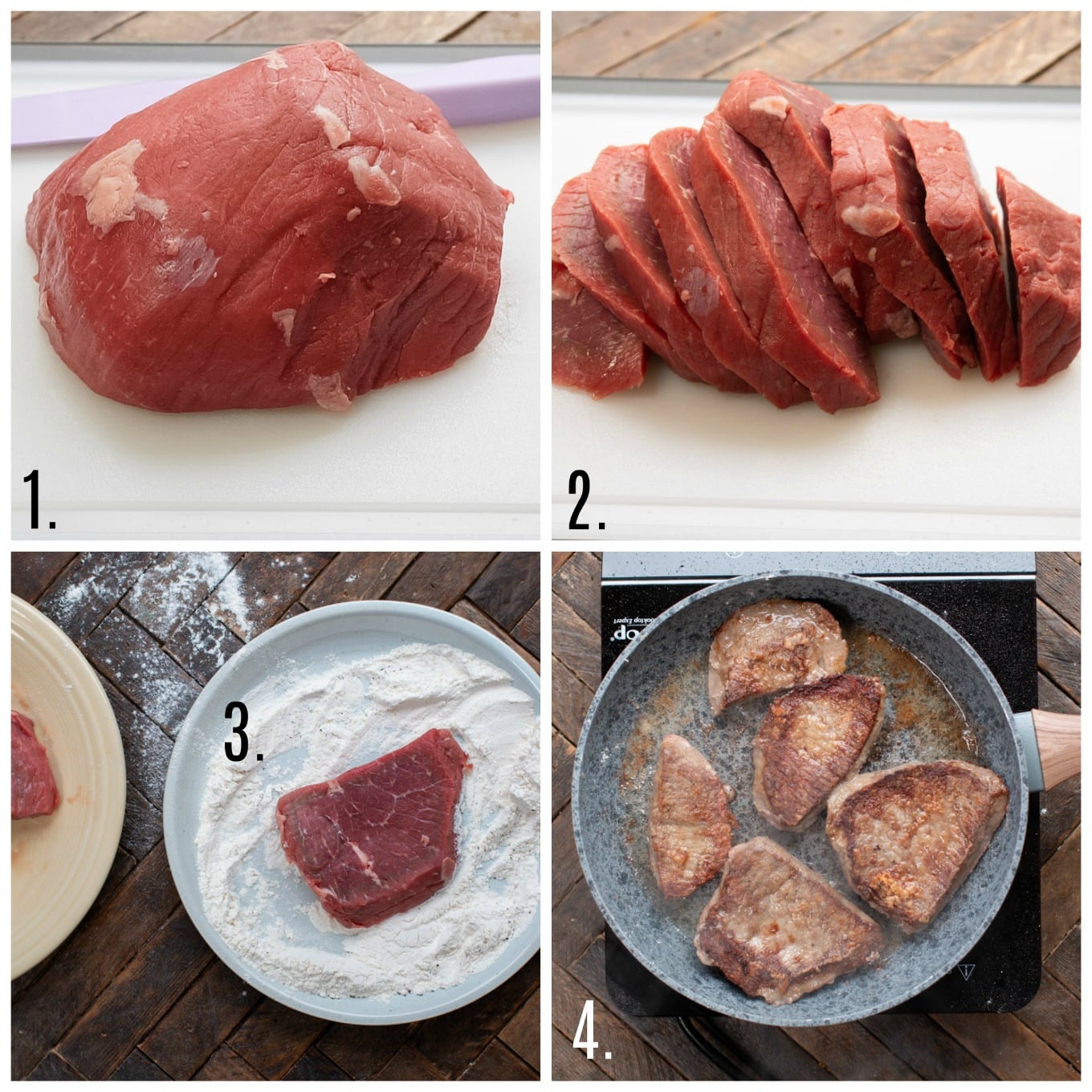 photo collage; 1. top round roast 2. sliced top round roast 3. dredging top round 4. browning steaks