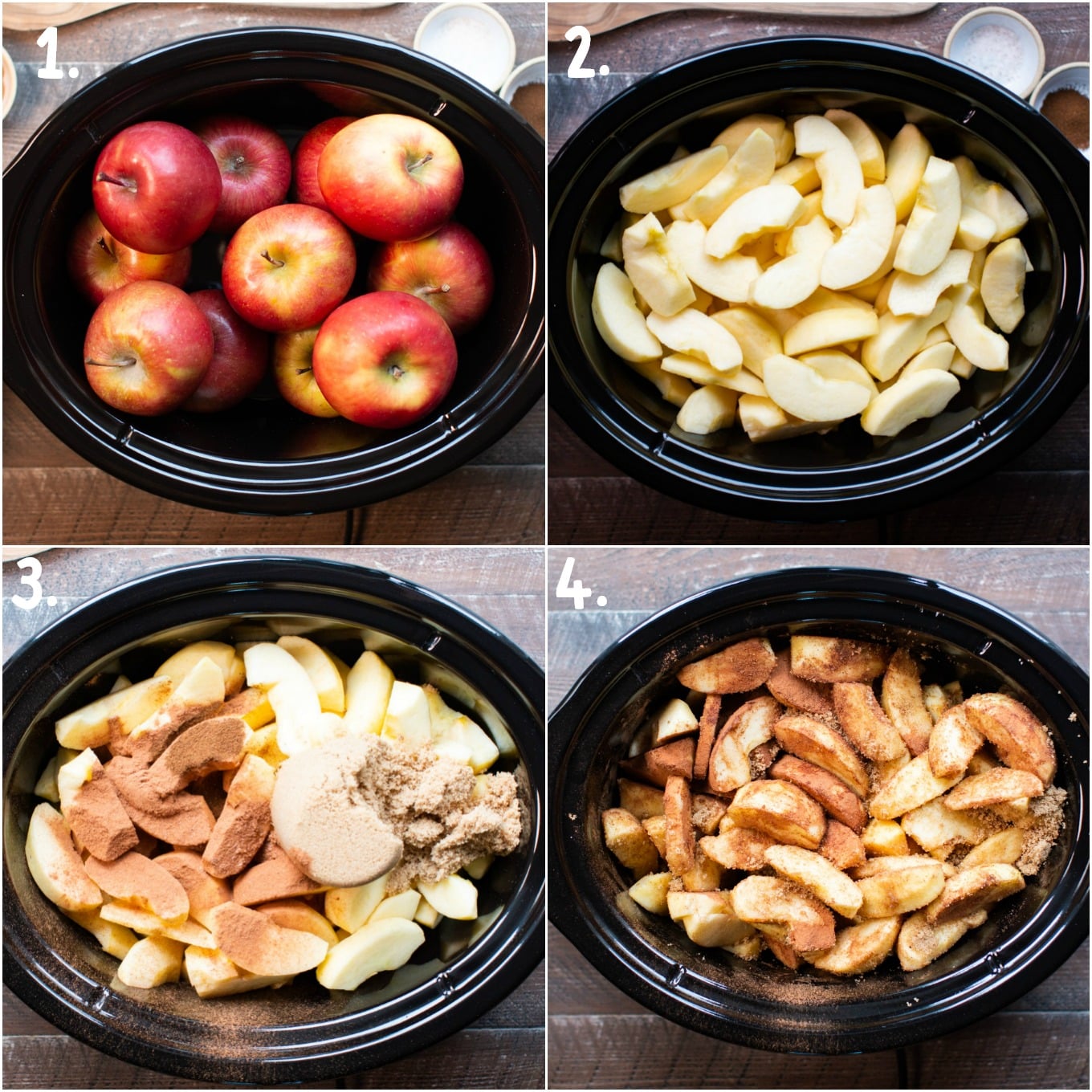 4 photo collage: Apples. Sliced and peeled apples. Apples with seasonings. Stirred apples.