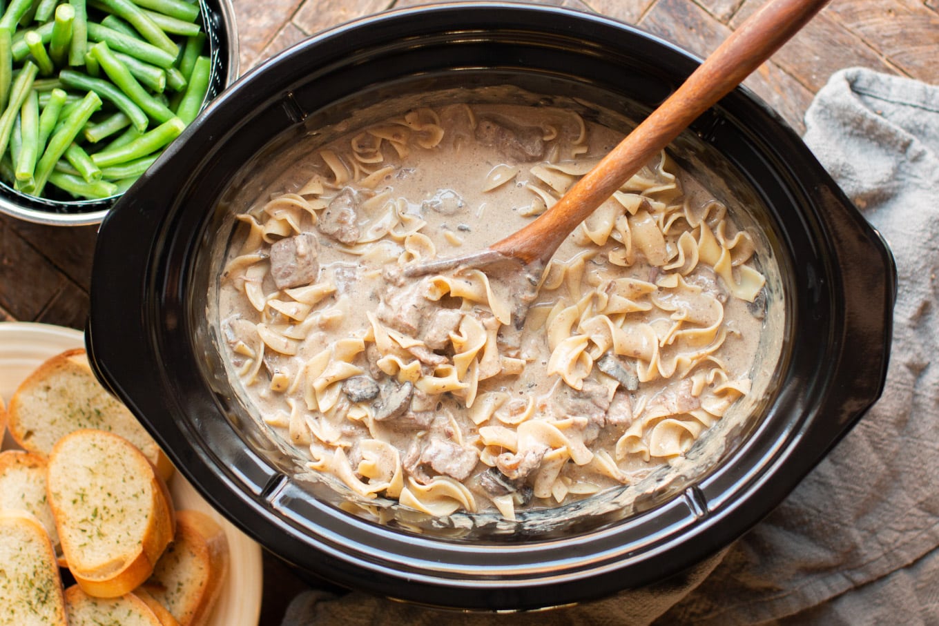 finished beef stroganoff (mixed with egg noodles) in slow cooker