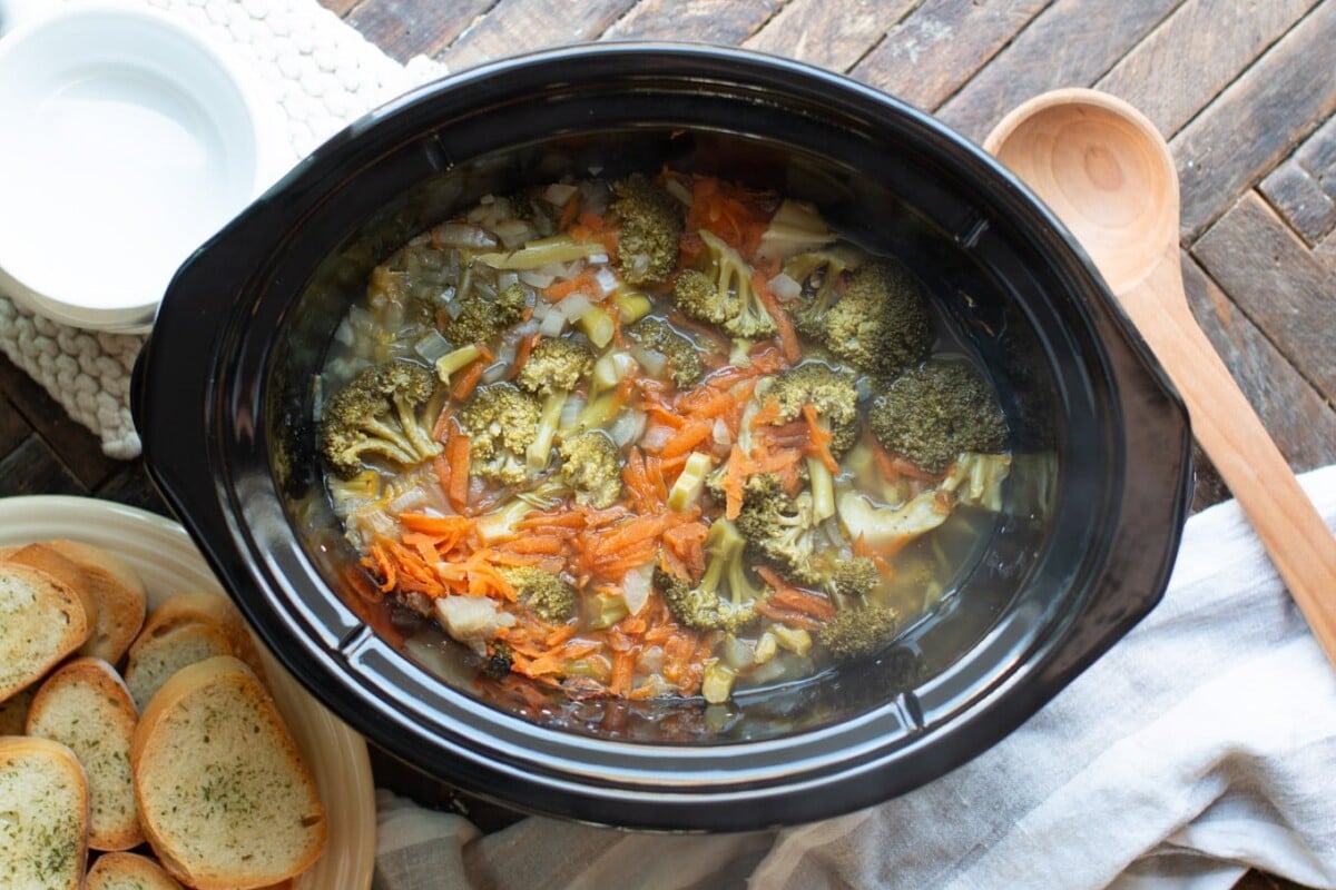Broccoli cheese soup in slow cooker before adding cheese and cream