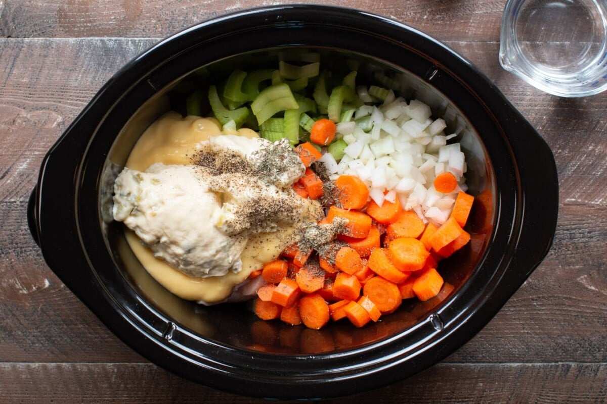 Veggies, chicken and cream soup in slow cooker