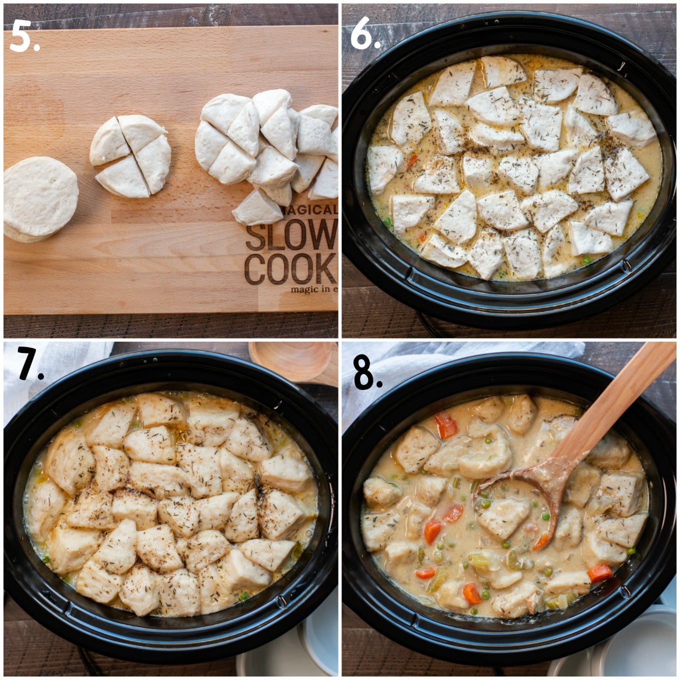 4 picture collage of how to add dumplings to the soup.