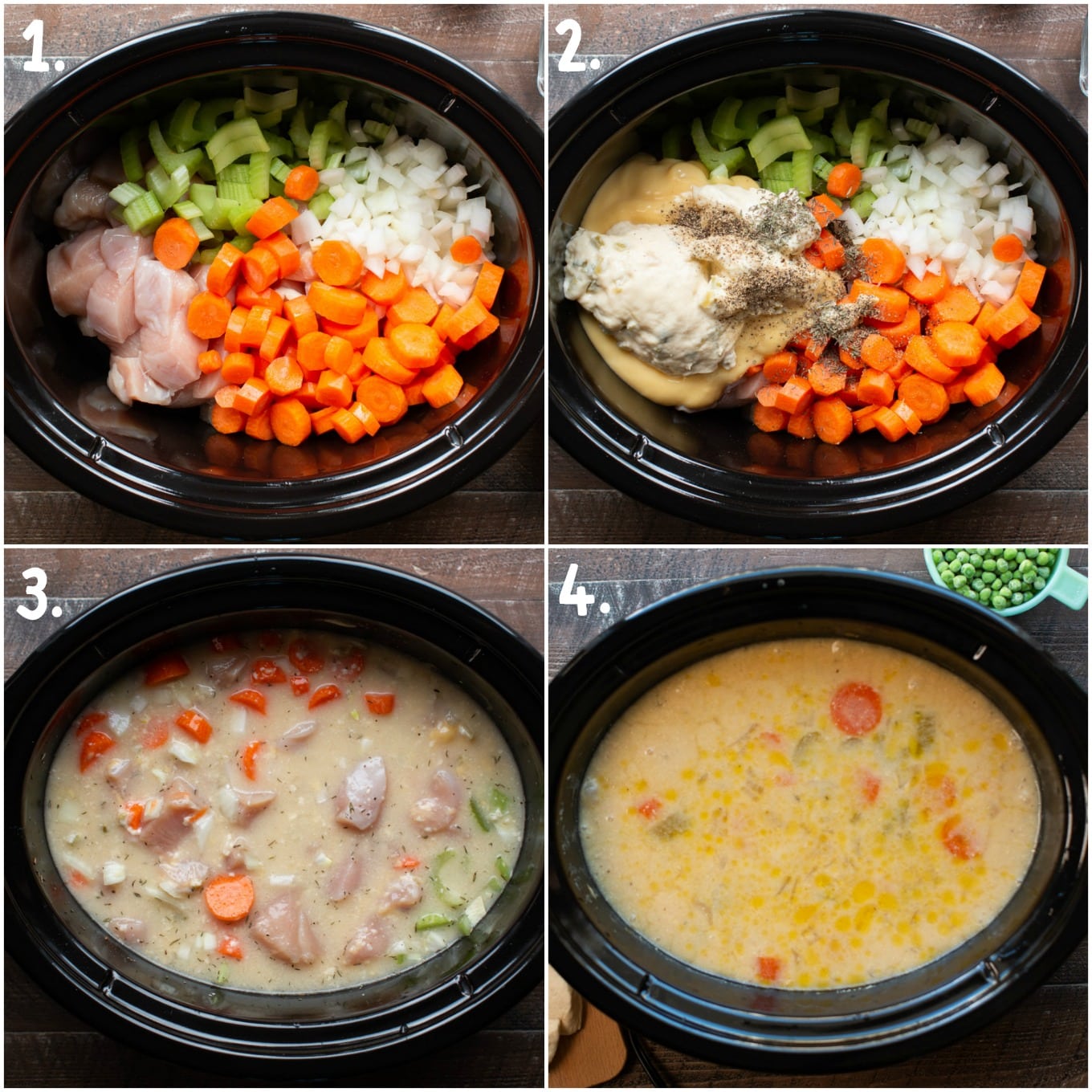 Chicken and Dumplings photo collage. Steps how to add ingredients.