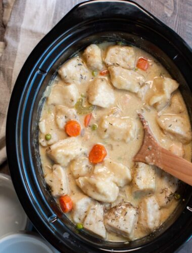Cooked chicken and dumplings in the slow cooker.
